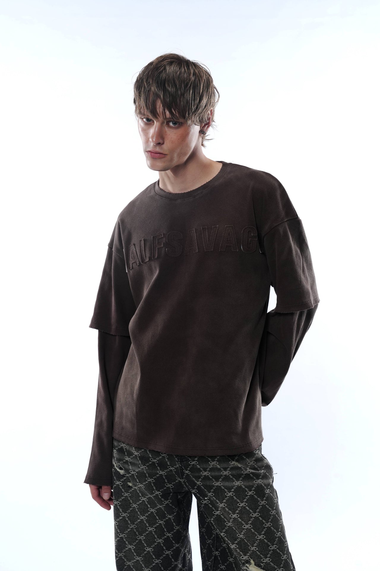 HALF SAVAGE Heavy Washed Layered Sleeve Tee