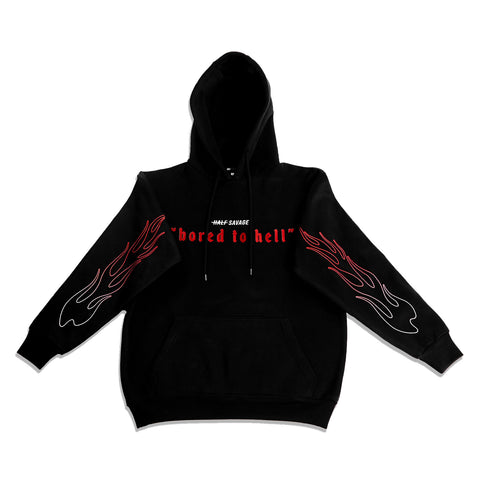 Street fashion style black hoodie with red flames printed on sleeves. Designed by Pavel Phoom. Front print features “Half Savage” logo in white and “bored to hell” in red. Print in the back is a big red “P” letter and white “Half Savage” logo across. 