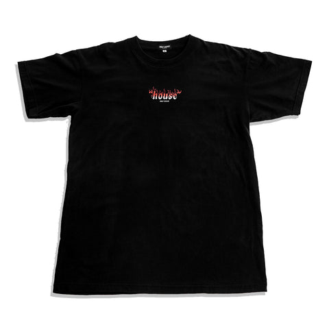 Street fashion style black t-shirt with short sleeves. Designed by Pavel Phoom. Front print features the word “house” in flames with small “Half Savage” logo under it. 