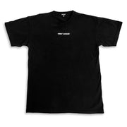Street fashion style black t-shirt with short sleeves. Designed by Pavel Phoom. Front print features a small “Half Savage” logo in white across the chest. Print in the back is a black and white butterfly with “papillion” written in the background and “flight high” in red in the upper right corner. 